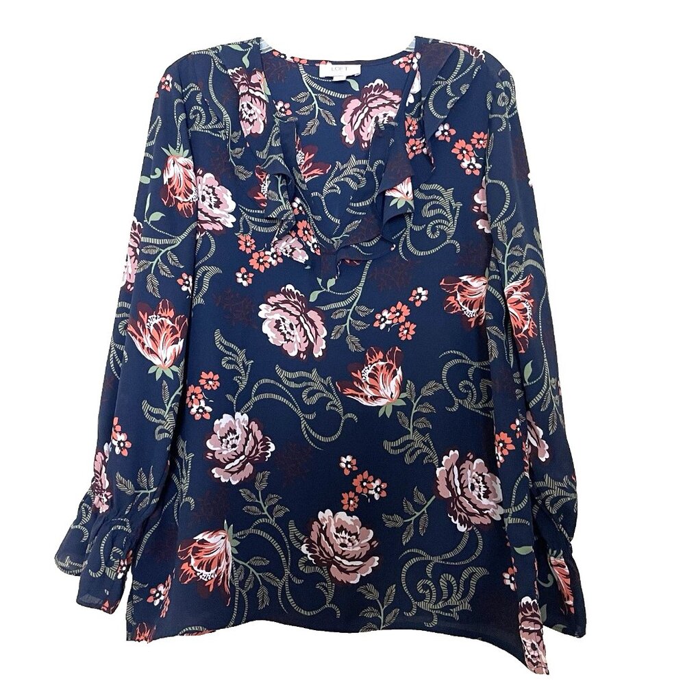 LOFT Dark Floral Blouse Shirt Top Large Petite V-neck Long Sleeve Relaxed Moody